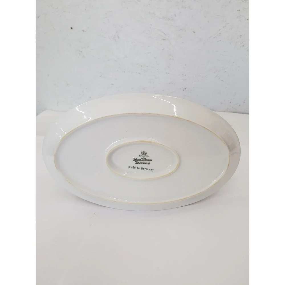 Johann Seltmann Vohenstrauss Bavaria Gravy Boat Attached Plate Blue Gold Trim
